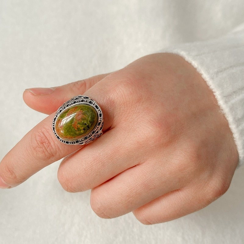 Bague En Unakite Naturelle - Protection Électromagnétique, Taille P, Neuf